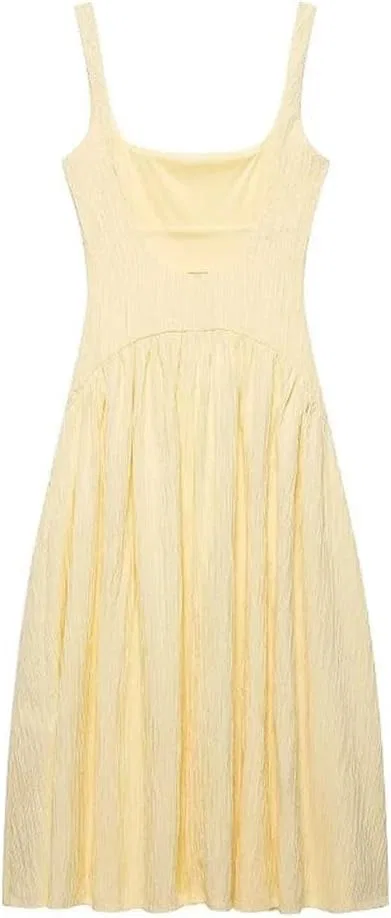 Женское плиссированное платье миди с бретелями, Yellow — фото 3