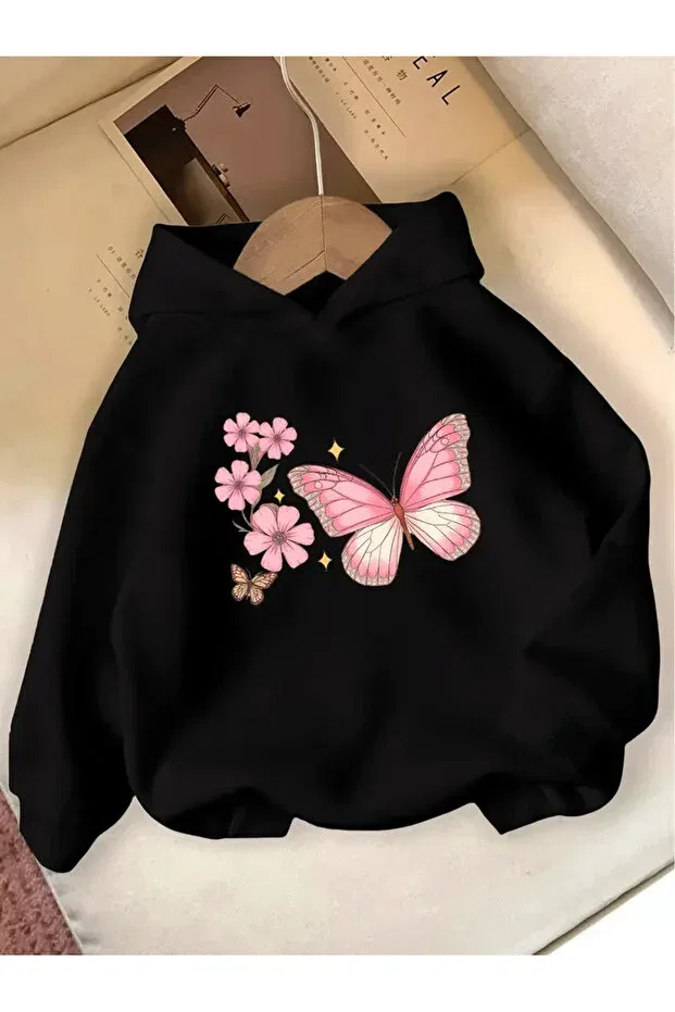 Детское худи для девочек с принтом Girl'S black hooded pink sweatshirt with pink butterflies and flowers print Morning Kids, Black