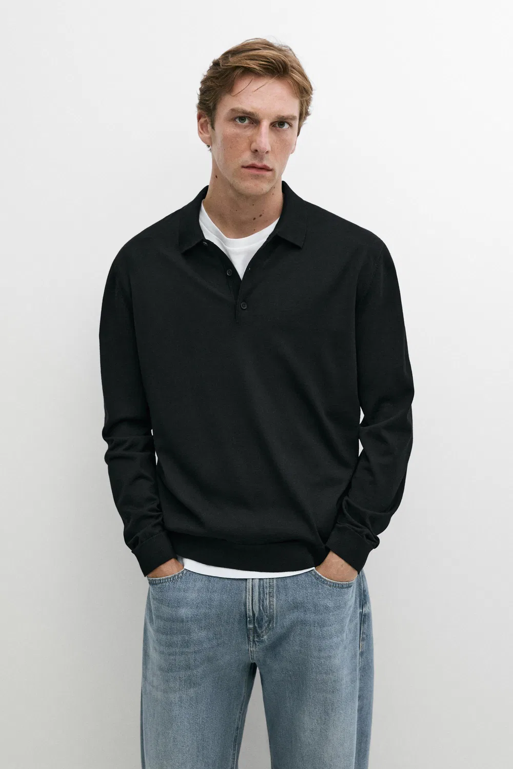Поло-свитер Massimo Dutti 100% Merino Wool Knit, черный