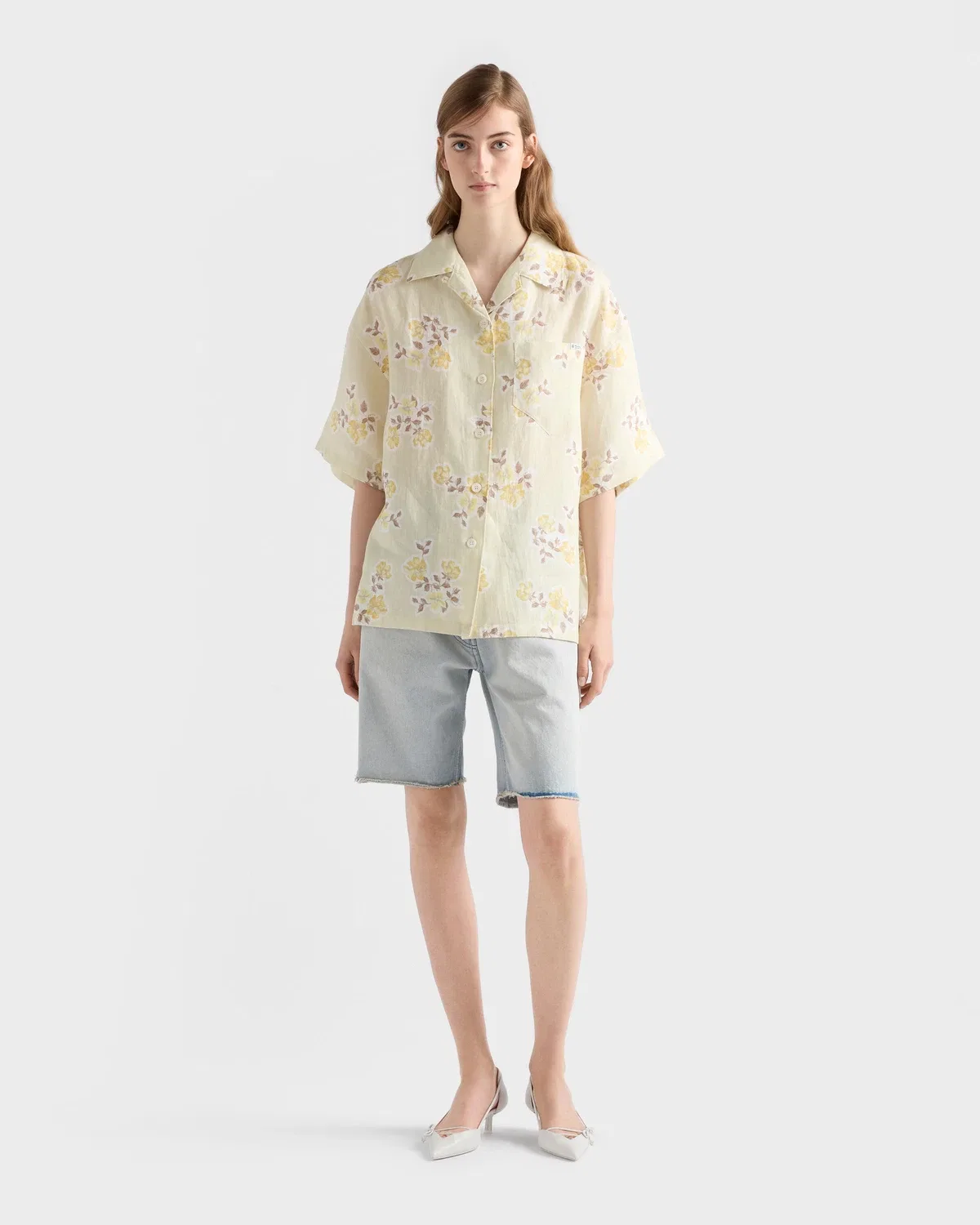 Рубашка с коротким рукавом Floral Print Old Linen Prada, бежевый — фото 2