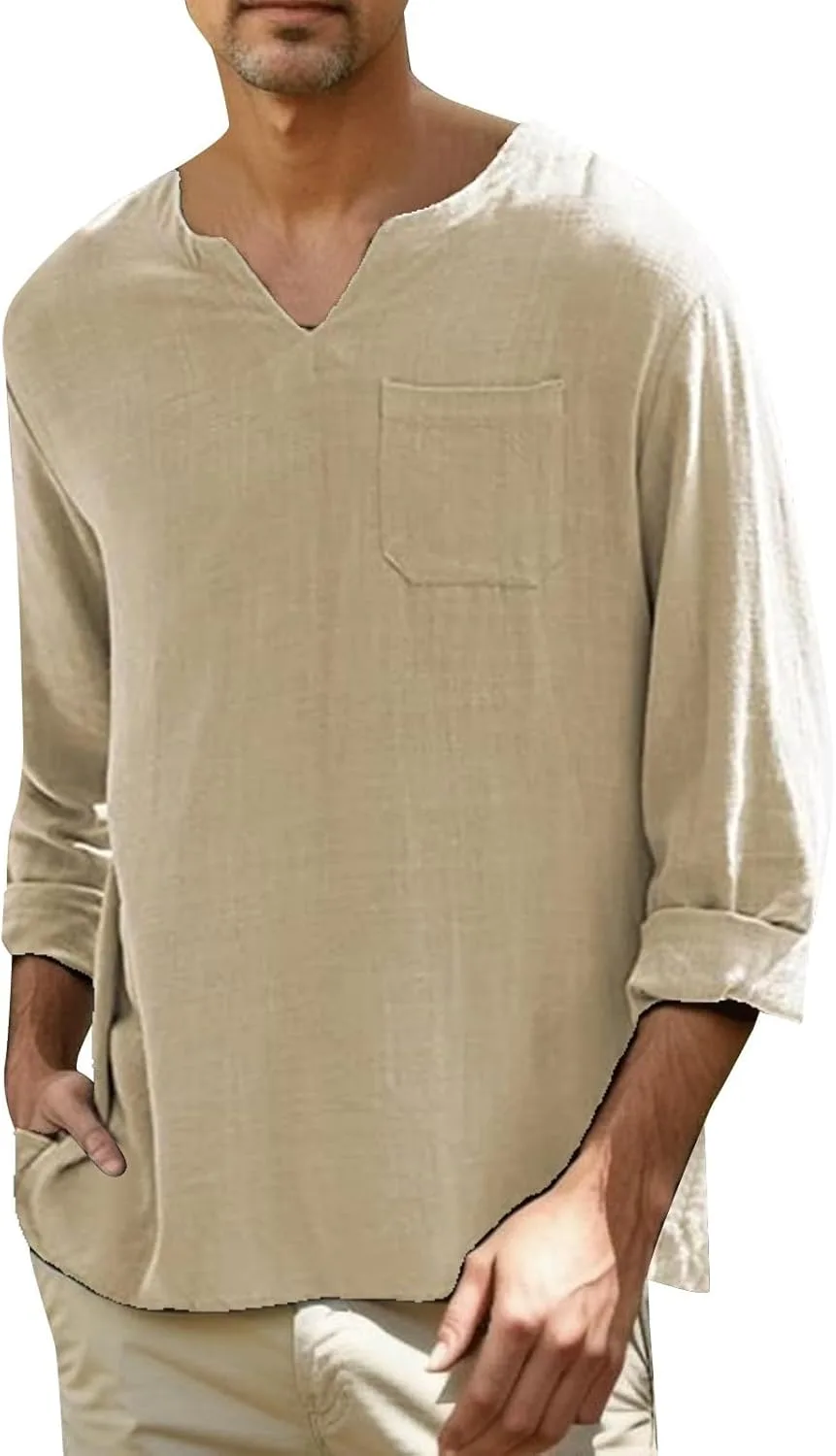 

Мужская хлопковая льняная футболка-поло с длинным рукавом и V-образным вырезом evzosrz