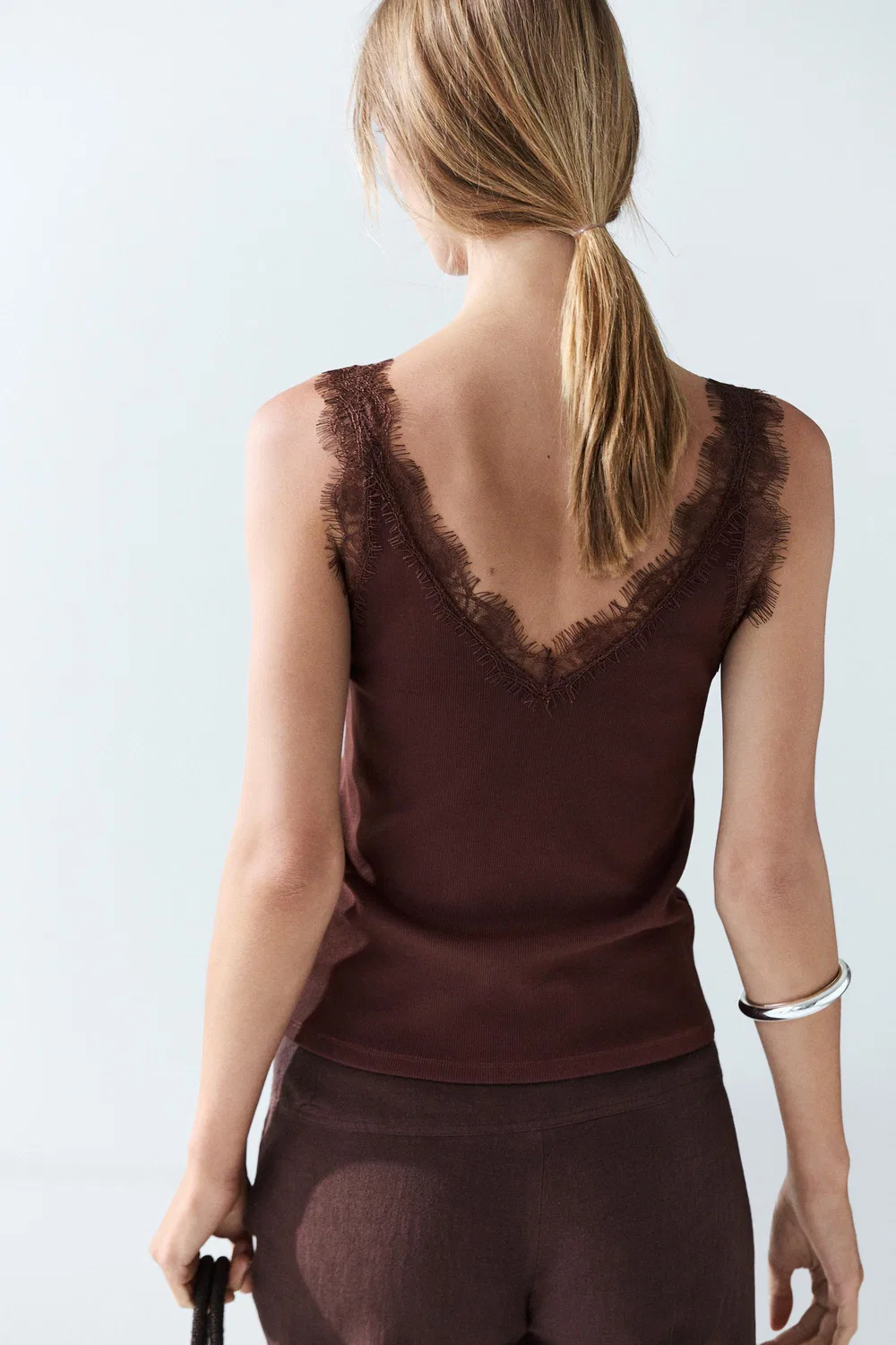 Топ Massimo Dutti Strappy Lace-Trim, коричневый — фото 3