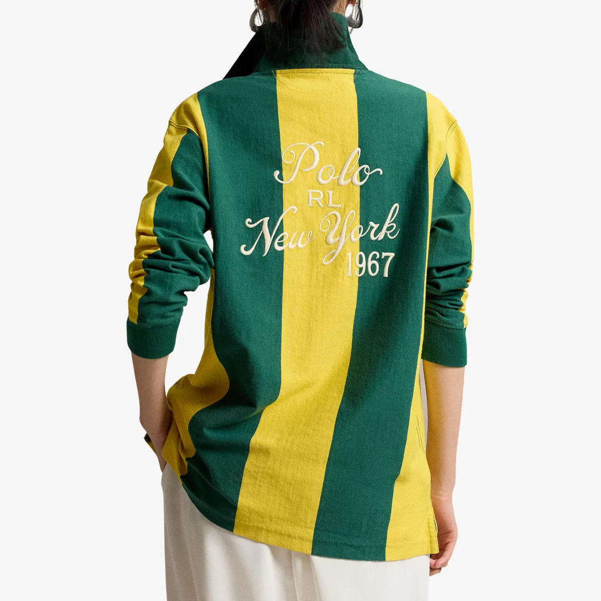 Полосатая хлопковая рубашка для регби с вышитым логотипом бренда Polo Ralph Lauren, зеленый/желтый — фото 4