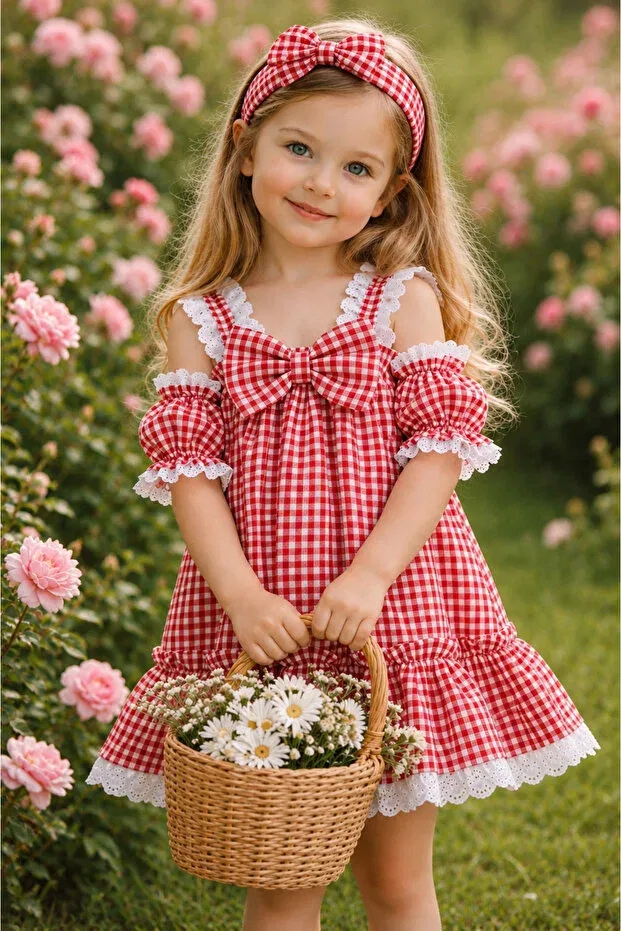 Детское платье для девочек с принтом Vintage Plaid Bow Detailed Trend Natural, Red
