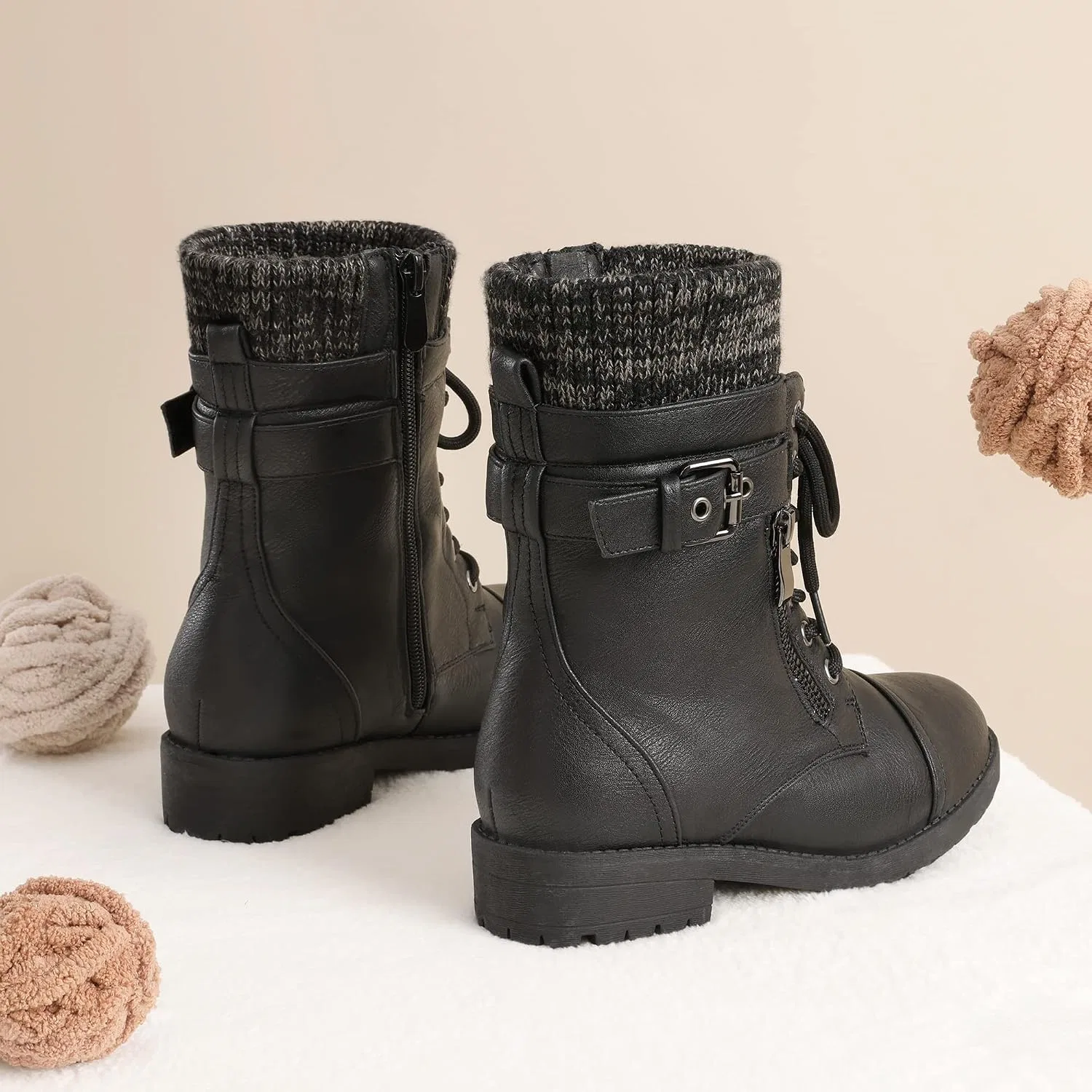 Детские ботинки для девочек с меховой подкладкой Combat Lace up DREAM PAIRS, Black — фото 3