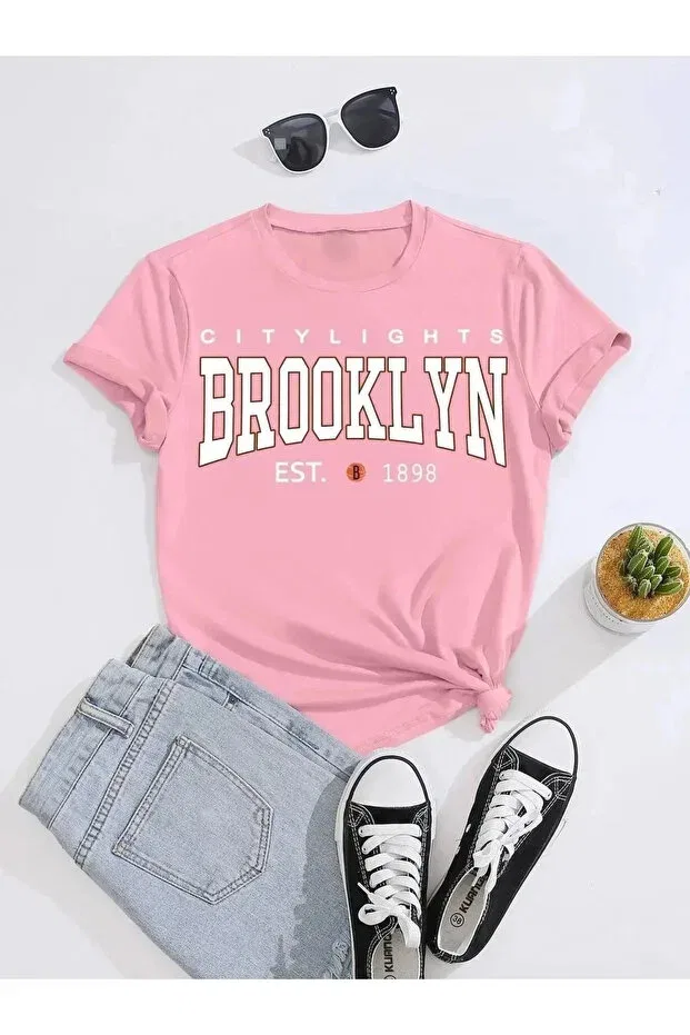 Детская футболка с принтом Kids City Lights Brooklyn Printed Oversize Crew Neck Children's T-Shirt Daxia, Pink