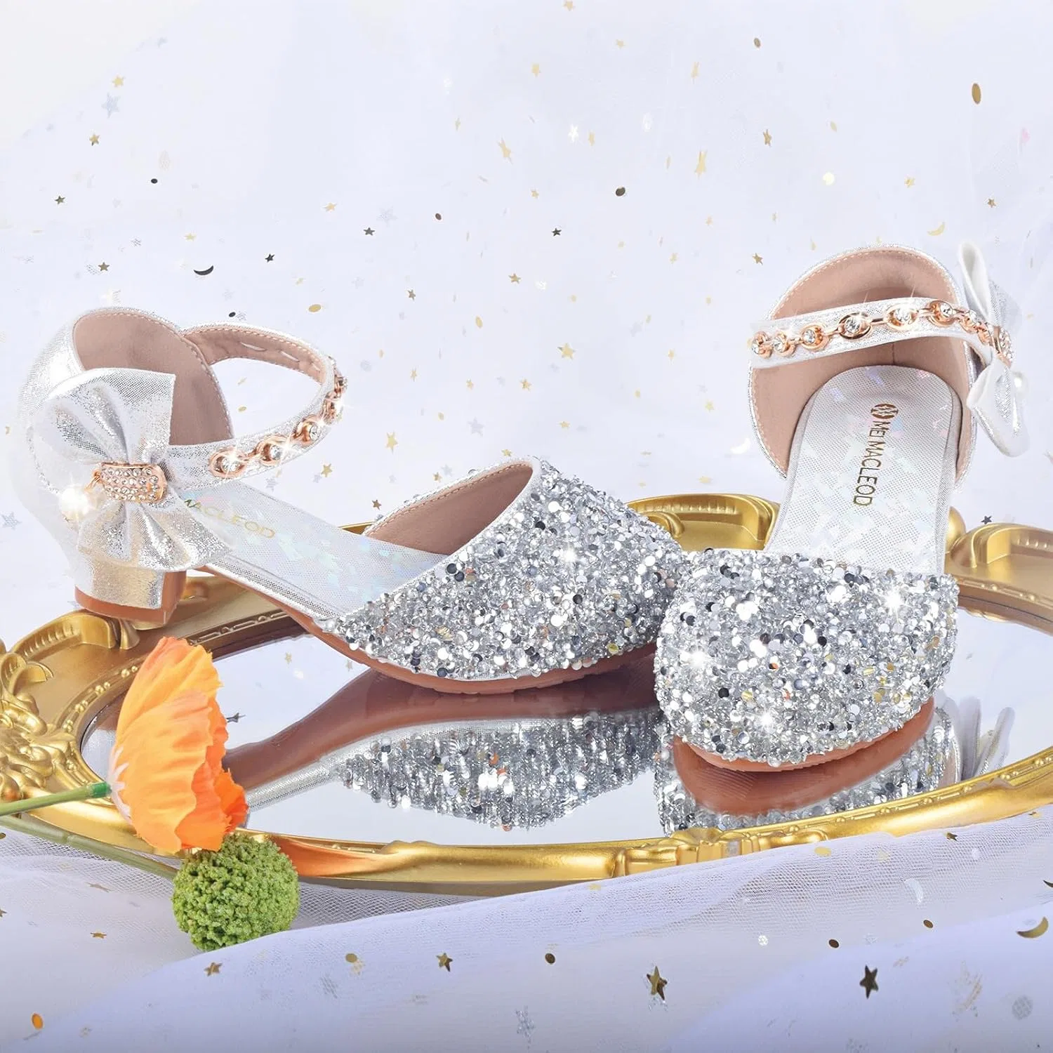 Детские туфли для девочек с принтом Mary Jane Flower Glitter ZGDG, Silver — фото 2