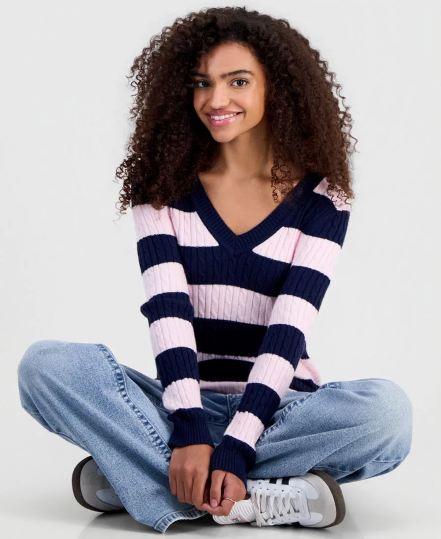 Свитер с V-образным вырезом, длинным рукавом, в полоску, Navy & Pink Stripe Madden Girl — фото 2