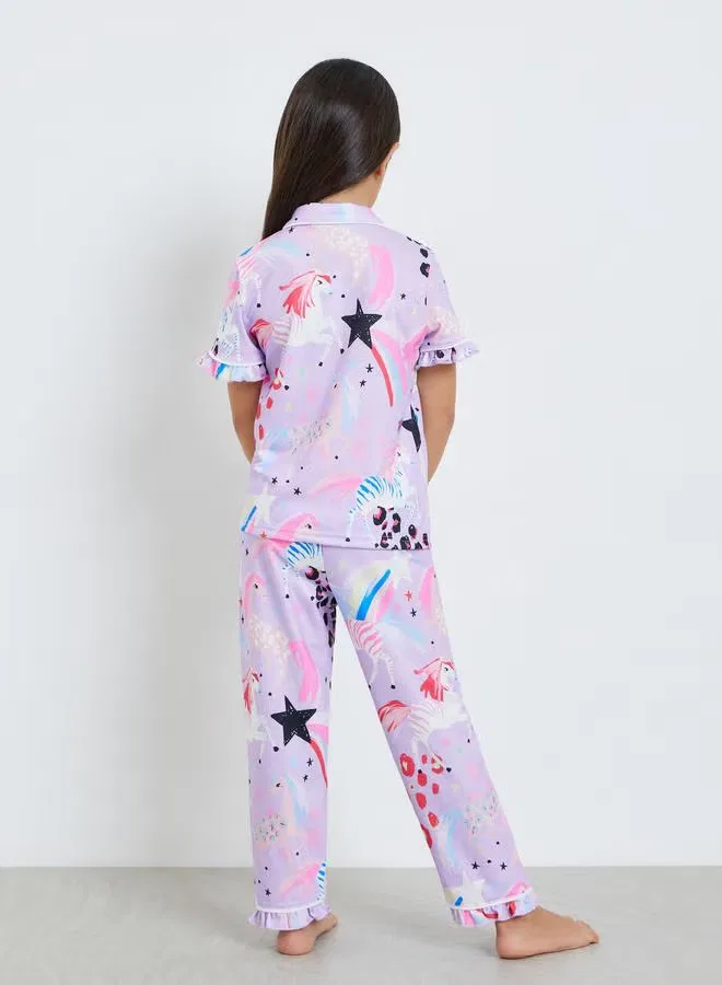 Комплект пижамы с принтом единорога и животных, модель Unicorn Print, Styli, лиловый — фото 3