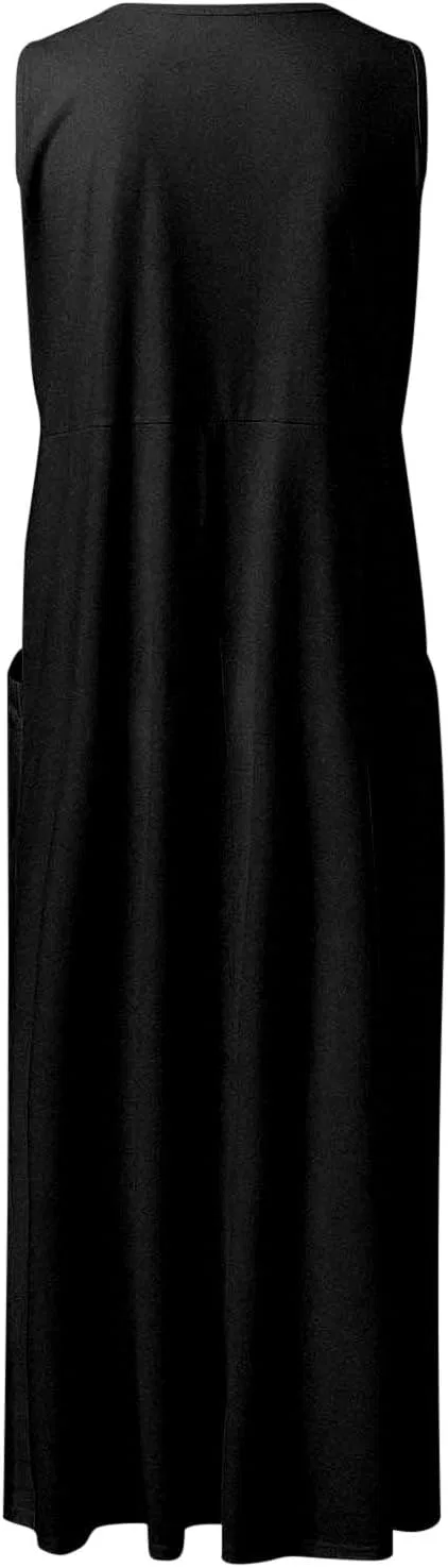 Женское летнее свободное платье макси с карманами, Black — фото 4