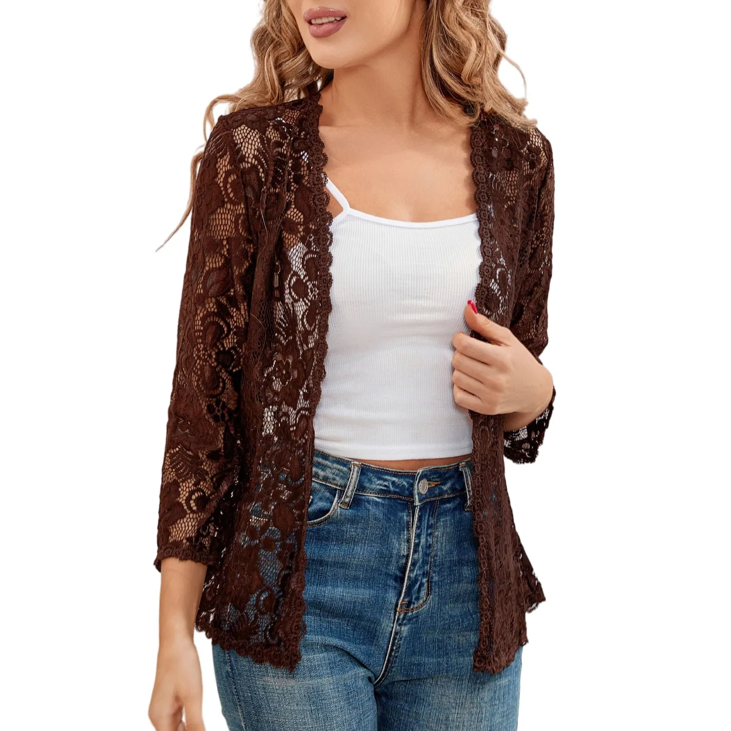 Женский кардиган с цветочным кружевом с рукавом 3/4, модель Bolero, Brown