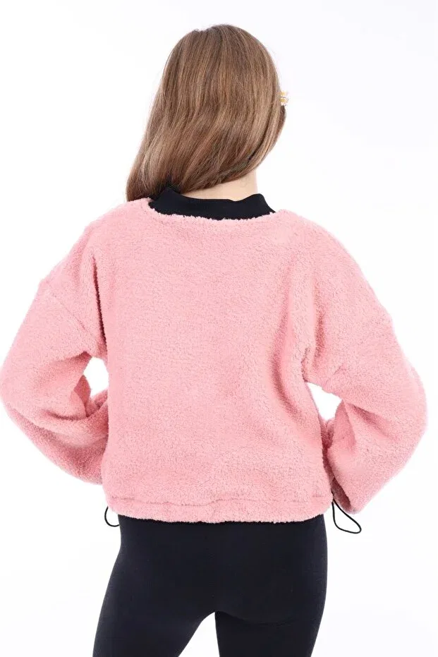 Детский кардиган для девочек с принтом Mercan girls' college collar zippered off-shoulder printed plush cardigan - adjustable elastic waist Toontoy, Coral — фото 2