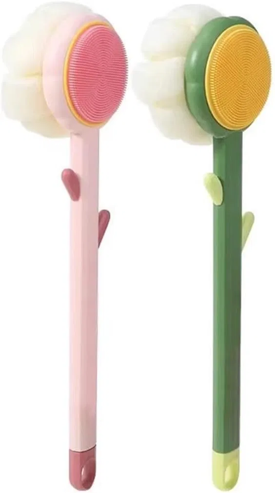 Щетка для тела силиконовая с длинной ручкой, 35 см, Pink+Green Generic