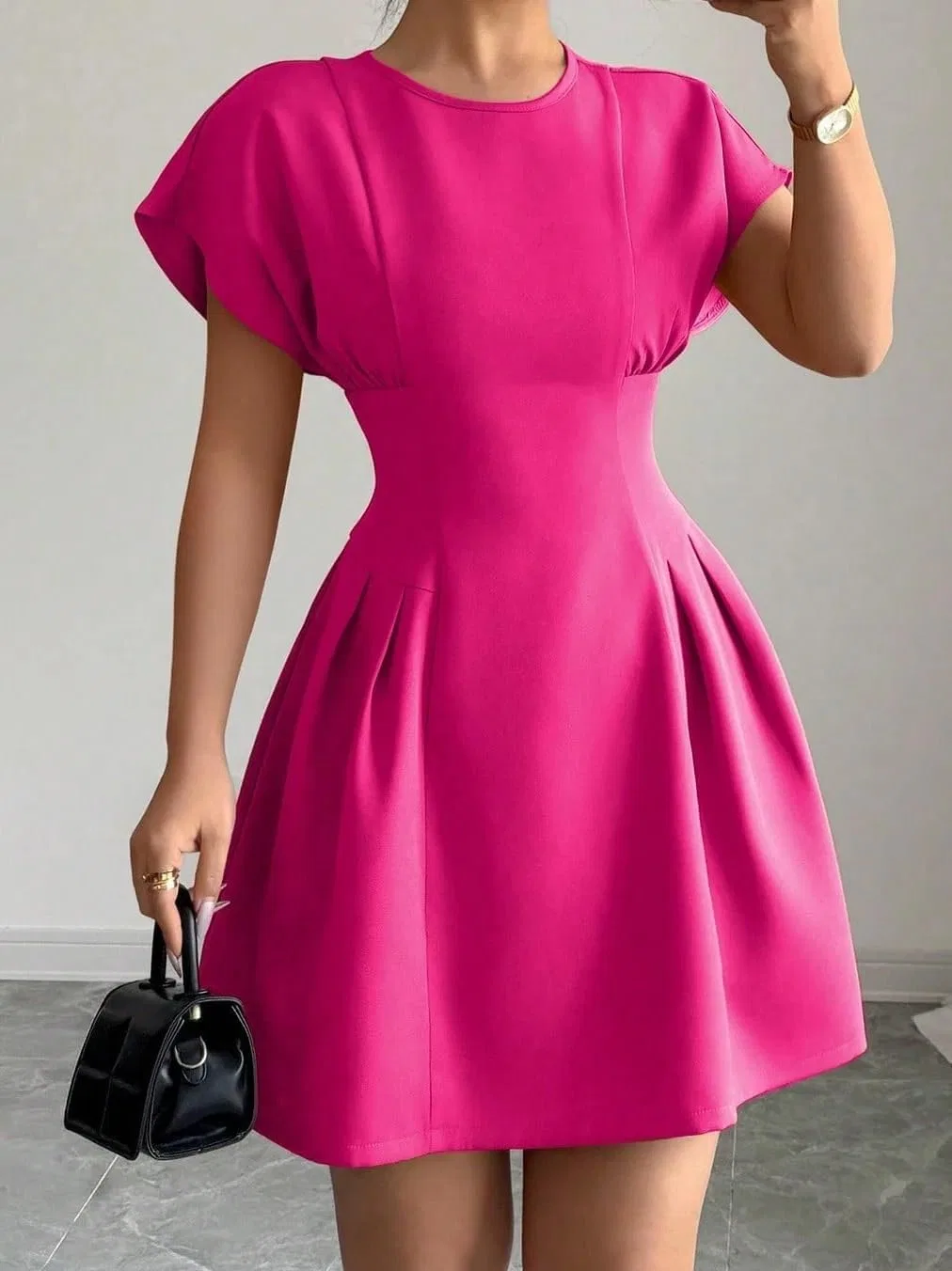 Женское A-силуэта мини-платье с коротким рукавом, Hot Pink — фото 3