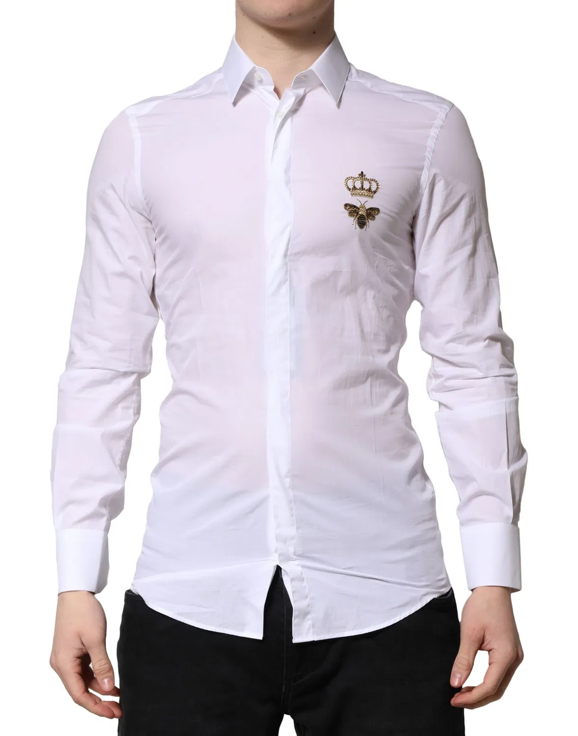 Мужская рубашка с вышивкой золотой короны и пчелы GOLD dress shirt Dolce & Gabbana, White — фото 4