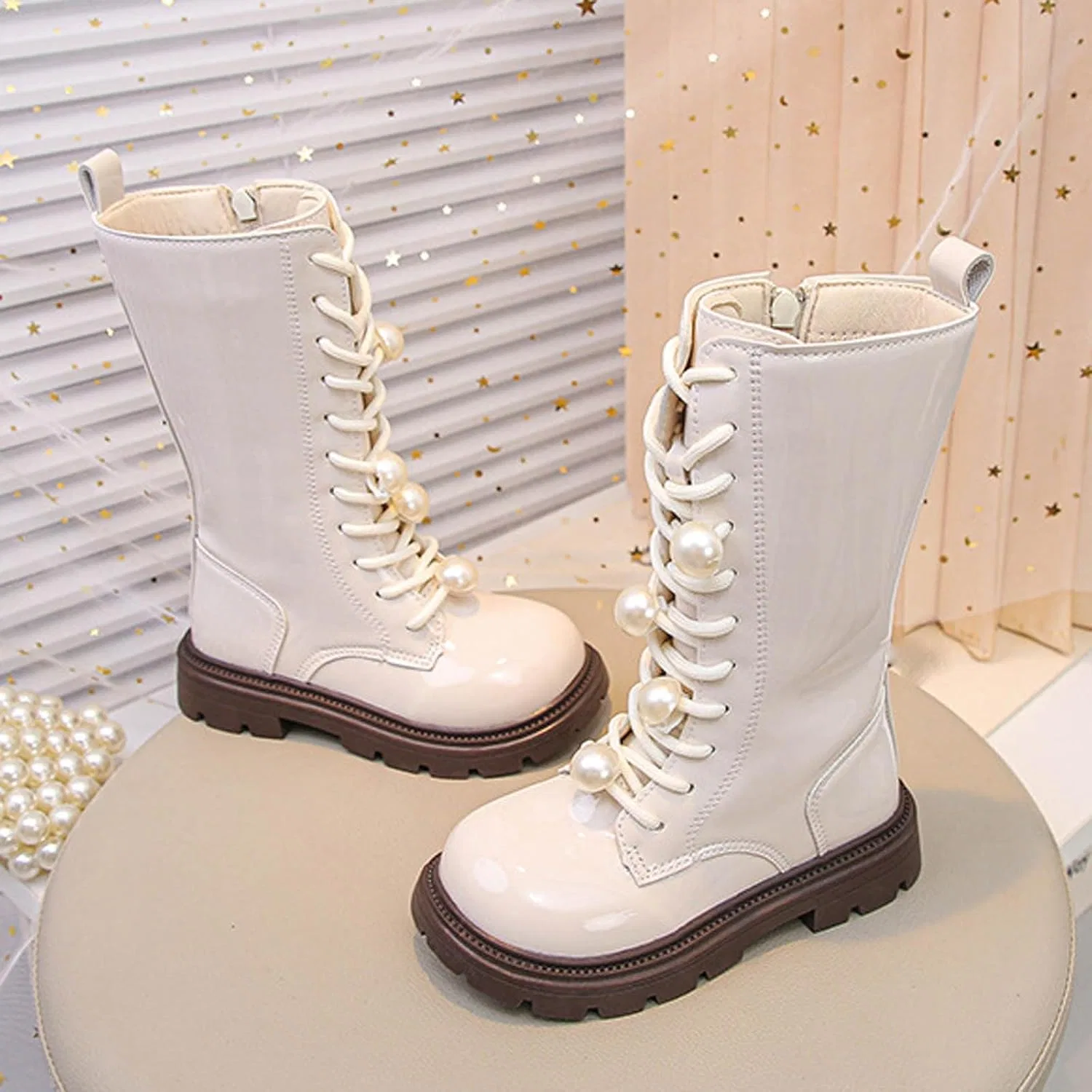 Детские ботинки для девочек с жемчугом Combat Boots Zzalalana, White — фото 4