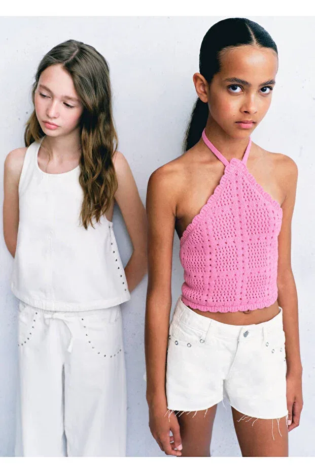 Детский топ для девочек кружевной без рукавов Mango Kids, Fuchsia — фото 4