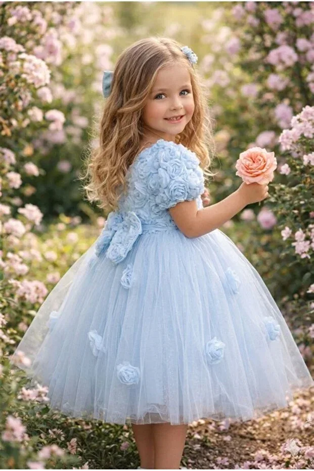 Детское платье для девочек с принтом Rose Embossed Tulle Piece Style Abiyekids, Blue — фото 3