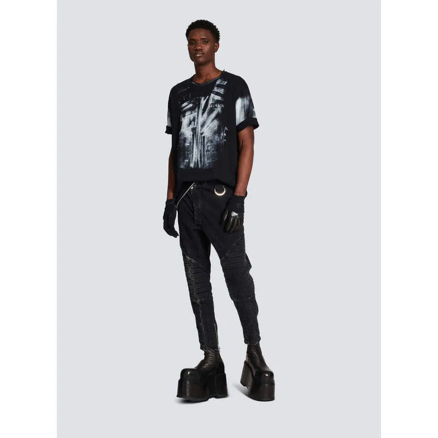 Брюки с зауженными штанинами и наколенниками, модель YH0MG080DC590PC Balmain, Black, Blue — фото 2