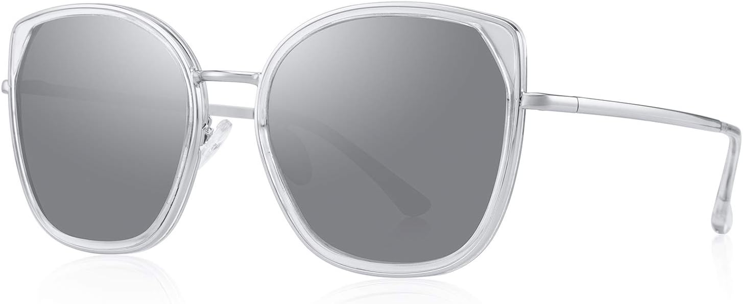 

Поляризованные солнцезащитные очки «кошачий глаз» для женщин, модные солнцезащитные очки UV400 от известного бренда OLIEYE, Transparent Frame/Silver Mirror Lens/Silver Temples