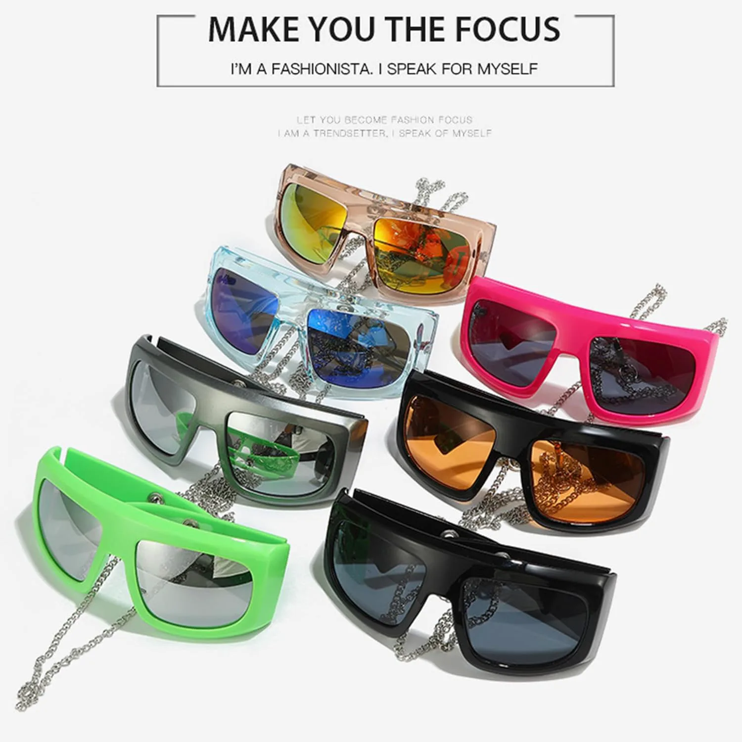 

bullabulling Модные солнцезащитные очки большого размера в стиле Y2K для женщин и мужчин, с цепочкой, большие, для верховой езды, ветрозащитные, UV400, Black/Black