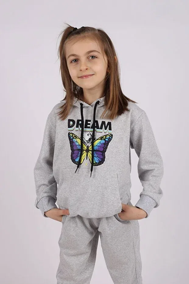 Детский комплект для девочек с принтом Butterfly print detailed hooded känguru pocket girl's tracksuit set Incitekstil, Griy — фото 2