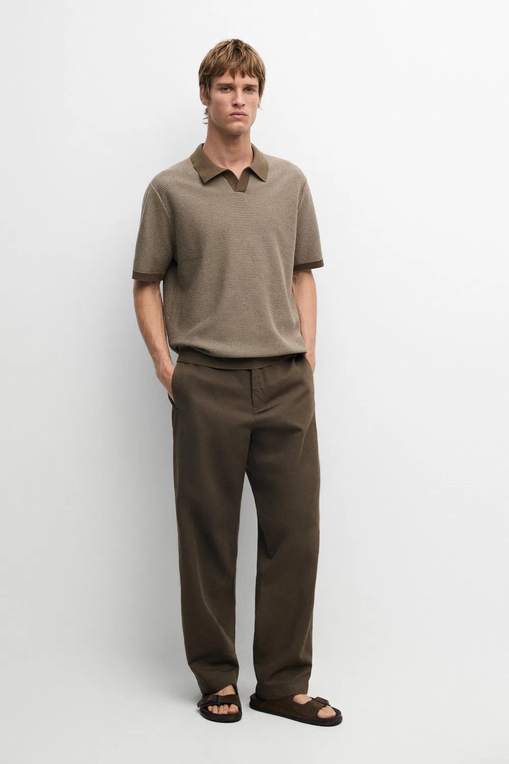 Свитер-поло Massimo Dutti 100% Cotton Contrast Knit, хаки — фото 3