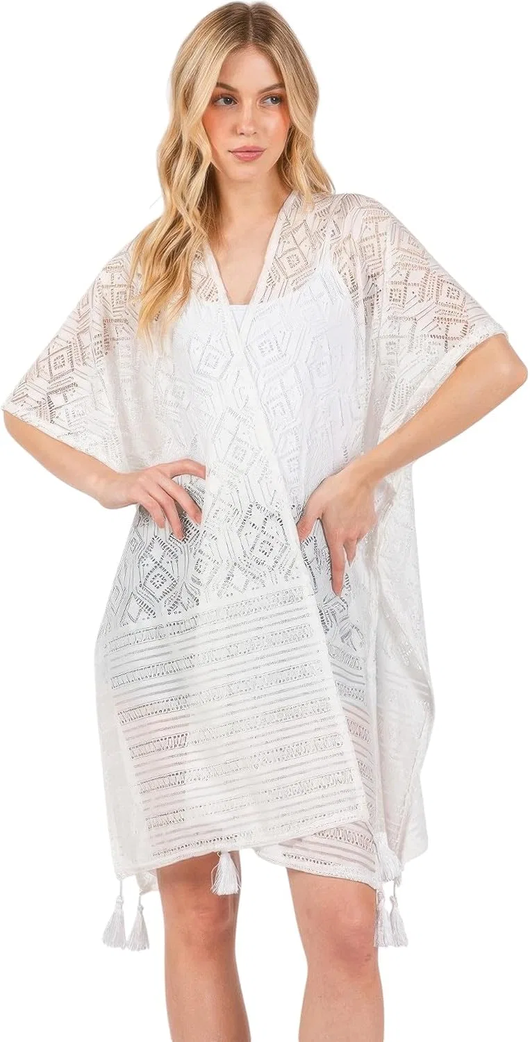 Женский пляжный кимоно с геометрическим узором, White