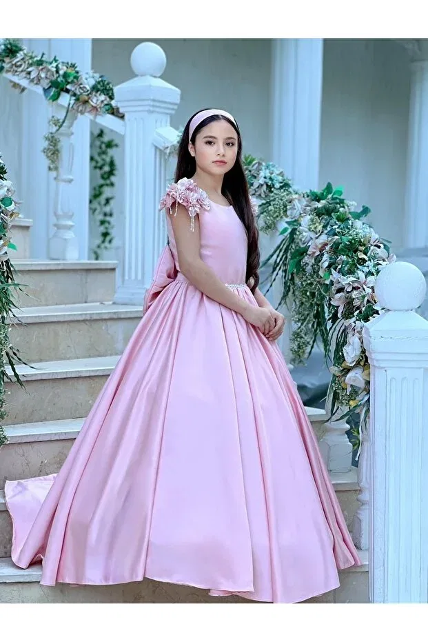 Детское платье для девочек с принтом Satin flower evening dress Sila, Pink — фото 4