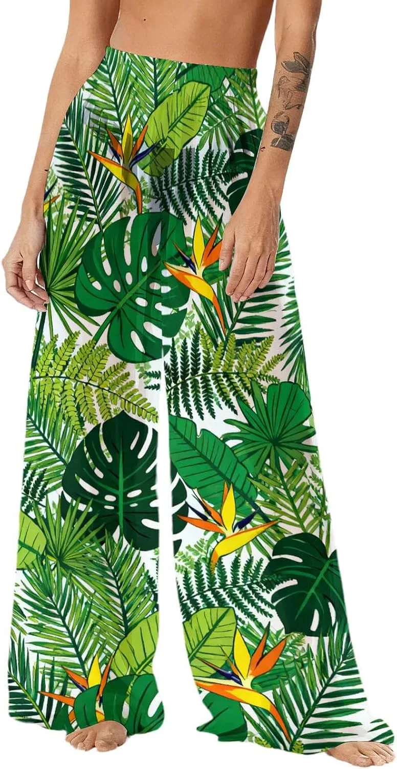 Женские широкие брюки из сетки с оборками для пляжа, Green-16