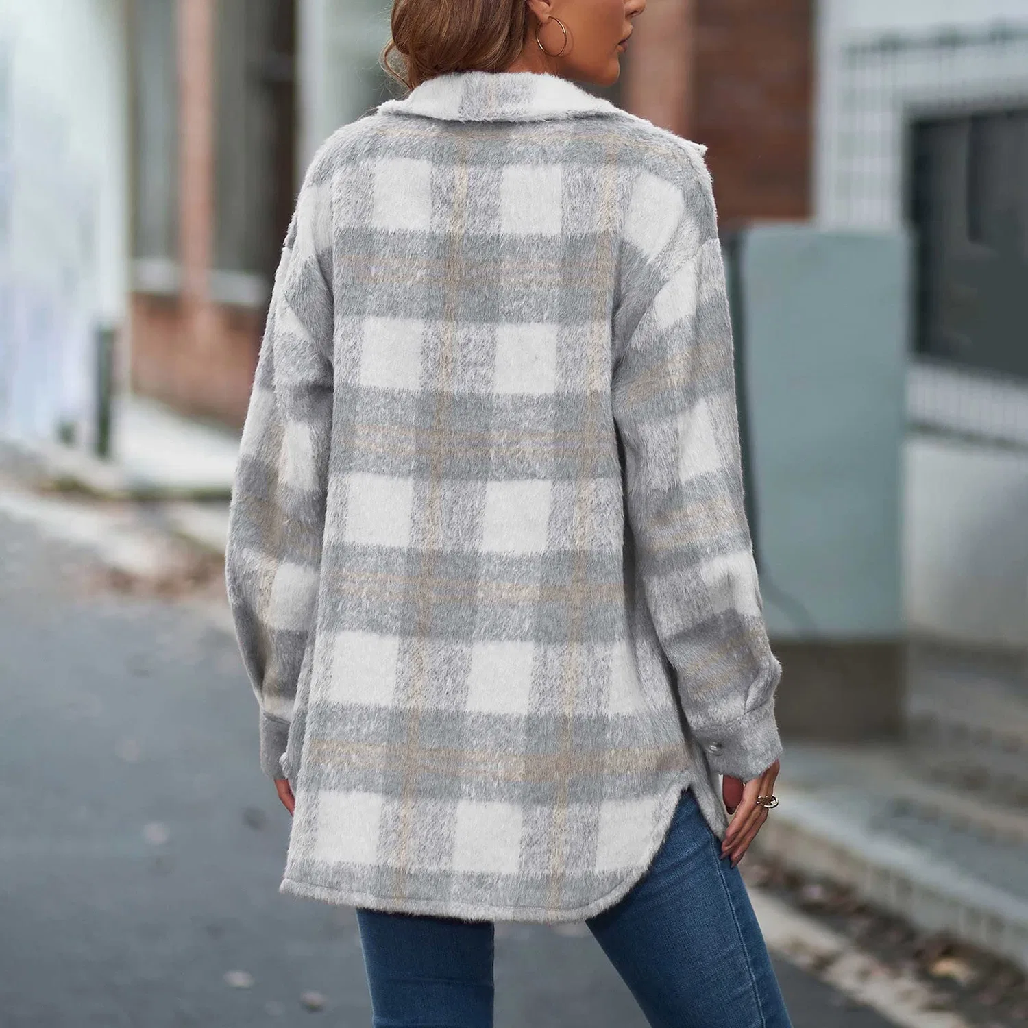 Женская рубашка с принтом в клетку Retro Y2k Fashion, grigio — фото 4
