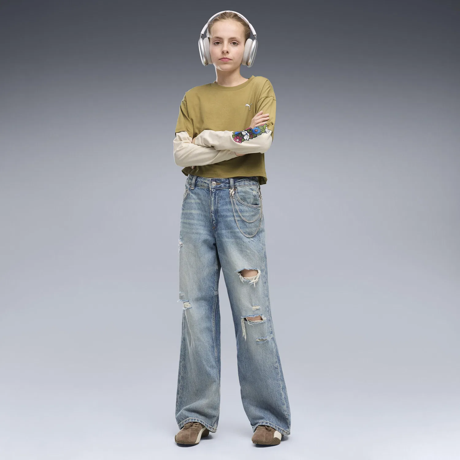 Детское лонгслив с многослойным принтом и флоральными деталями MID 90s Puma, Braun — фото 4