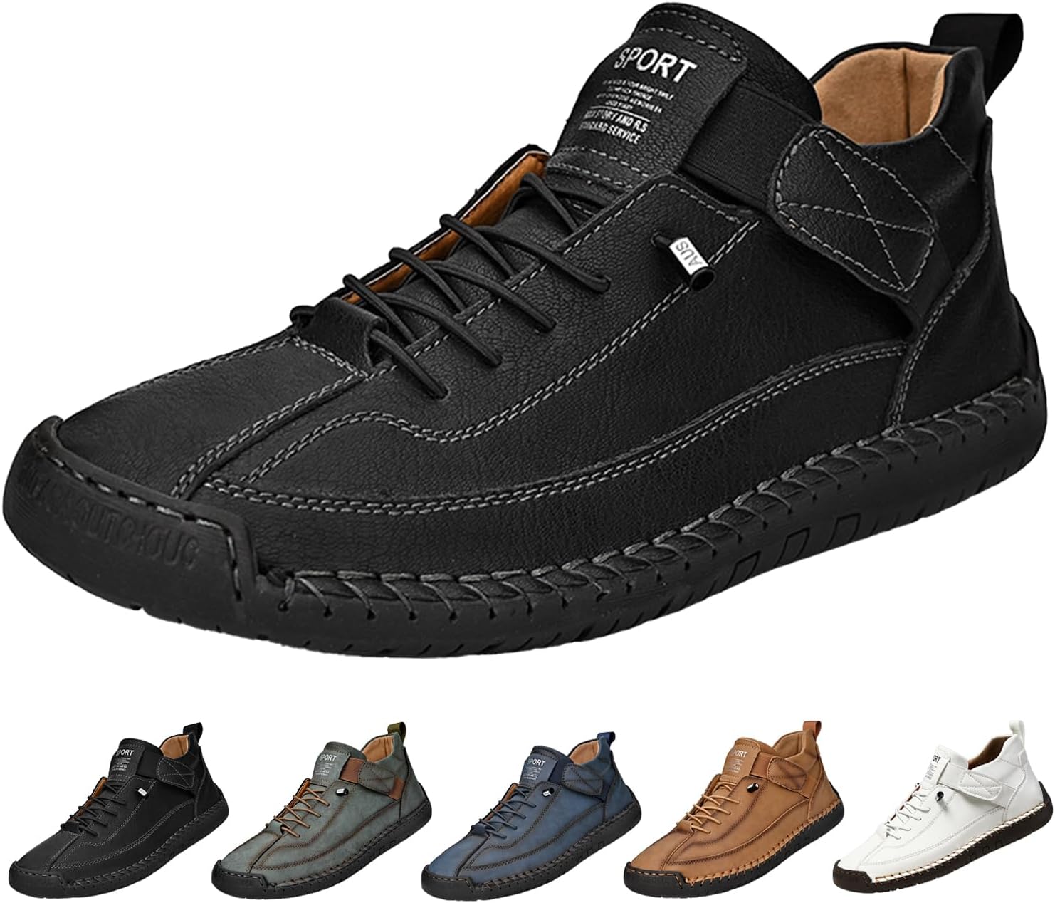 

Мужские повседневные походные кроссовки на открытом воздухе, винтажные модные кроссовки с ручной строчкой, кожаные, удобные, нескользящие, с легким надеванием, для путешествий и бега Hneowgn, черный