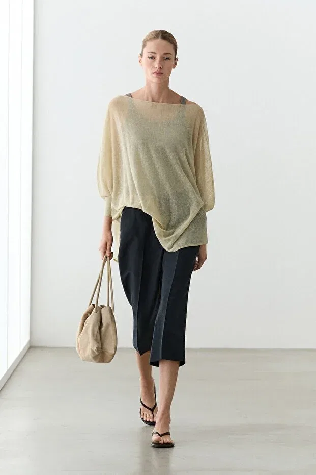 Женское платье с длинным рукавом Linen-Blend draped cape-cut knitwear Massimo Dutti, Sand