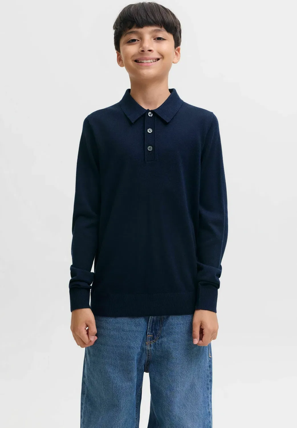 Вязаная рубашка-поло для мальчиков - рубашка с длинными рукавами Jack & Jones Junior, Night Sky — фото 2