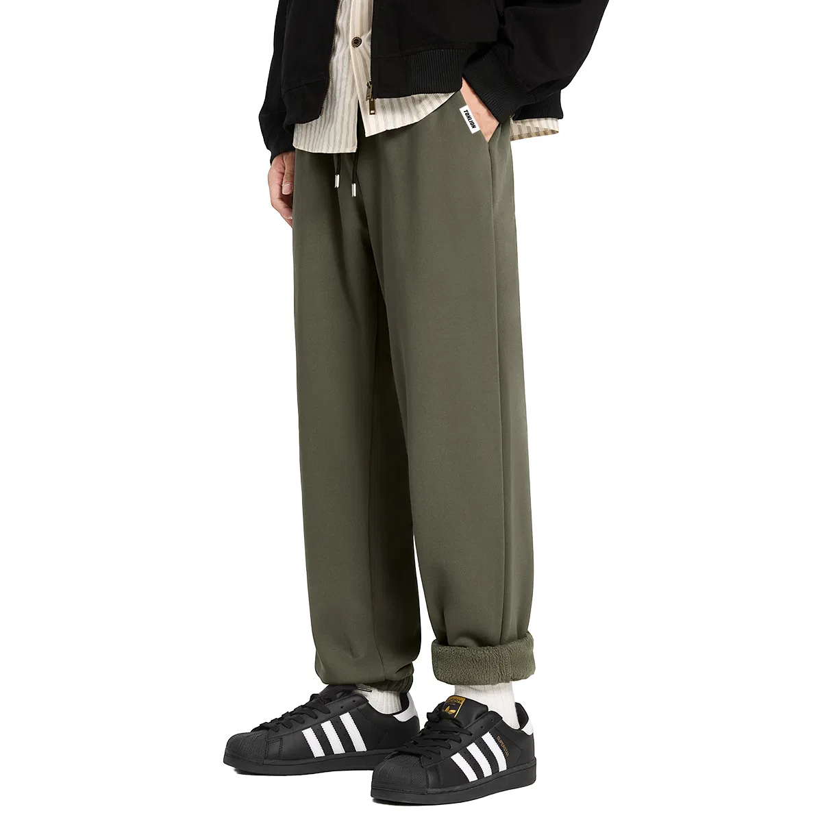 Детские спортивные штаны из футера с начесом Tonlion, Цвет Olive Green (tn45 Black and White Tang Lion Pants Left Pocket Label)