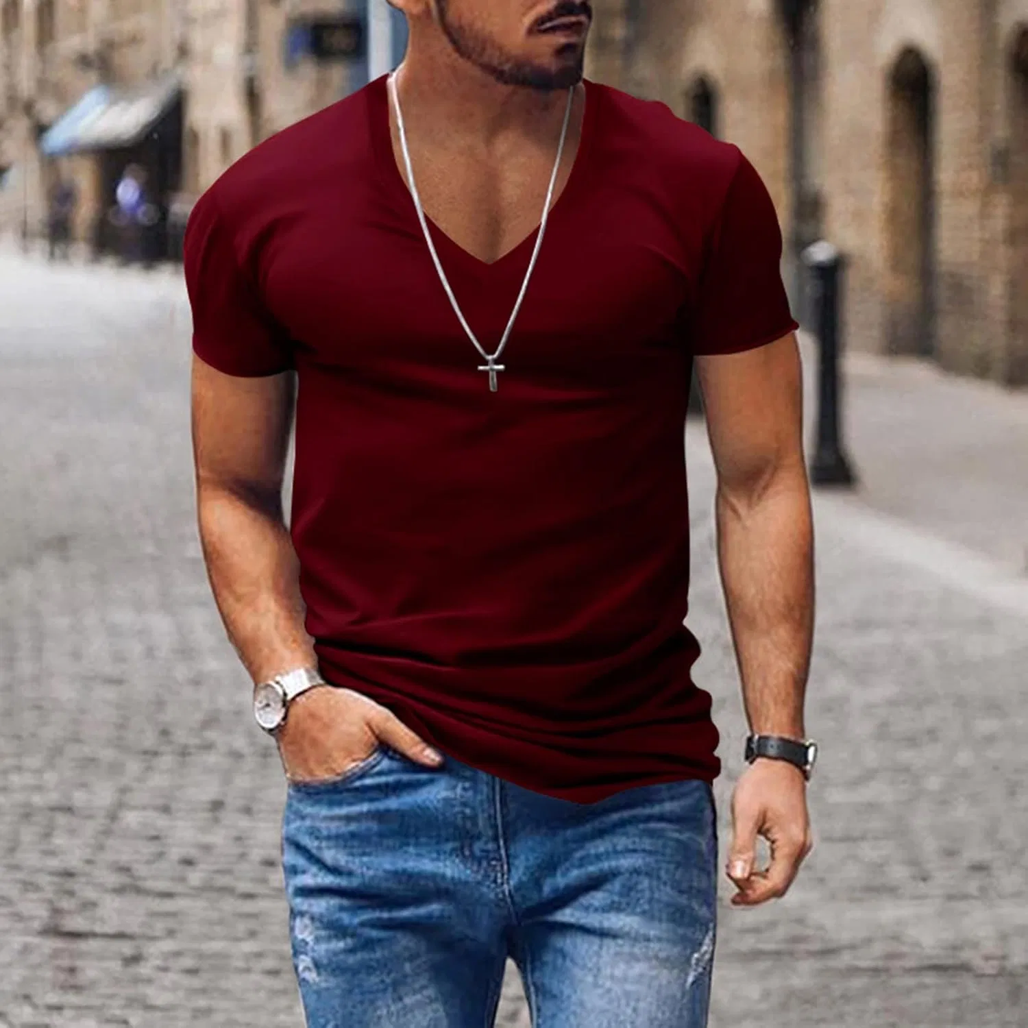 Мужская повседневная футболка с V-образным вырезом Slim Fit, Wine — фото 3