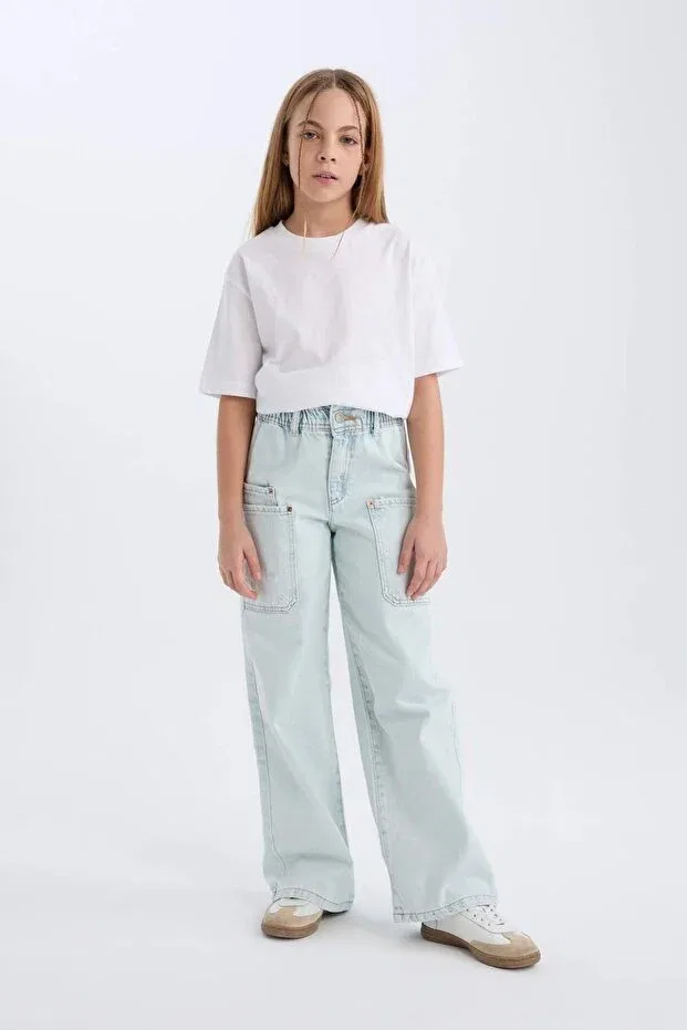 Детские брюки для девочек широкие с карго-карманами Paperbag cargo wide leg cotton trousers girls d7110a825sp Defacto, Blue-nm63 — фото 4