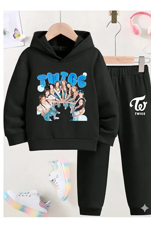 Детский комплект свитшот и брюки с принтом Twice printed sweatshirt set / k pop Stil X, Black-4