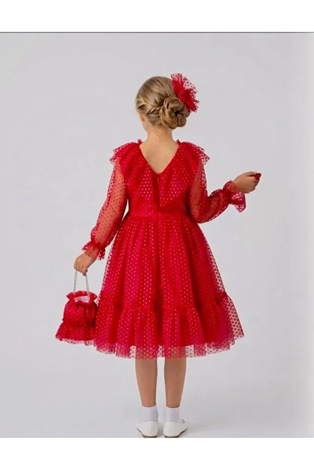 Детское платье для девочек с принтом Small Polka Dot Bag And Buckle Fluffy Tulle Lunas Tekstil, Red — фото 3