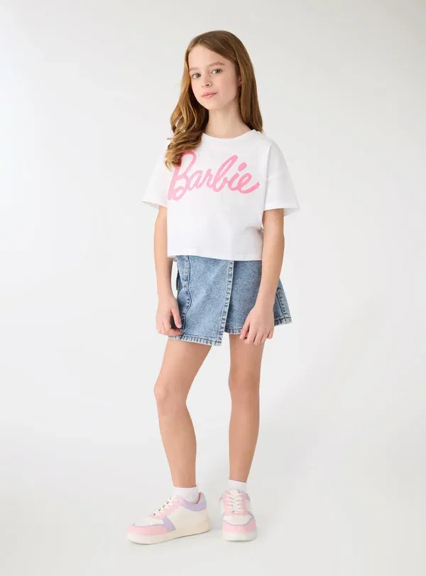 Футболка с принтом Barbie, хлопок, Crop con scritta barbie, Terranova, Optical White, белый