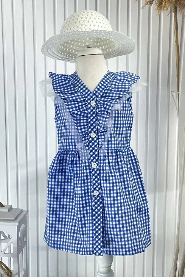 Детское платье для девочек с принтом Gingham dress with blue hat Generic Brands, Blue — фото 2