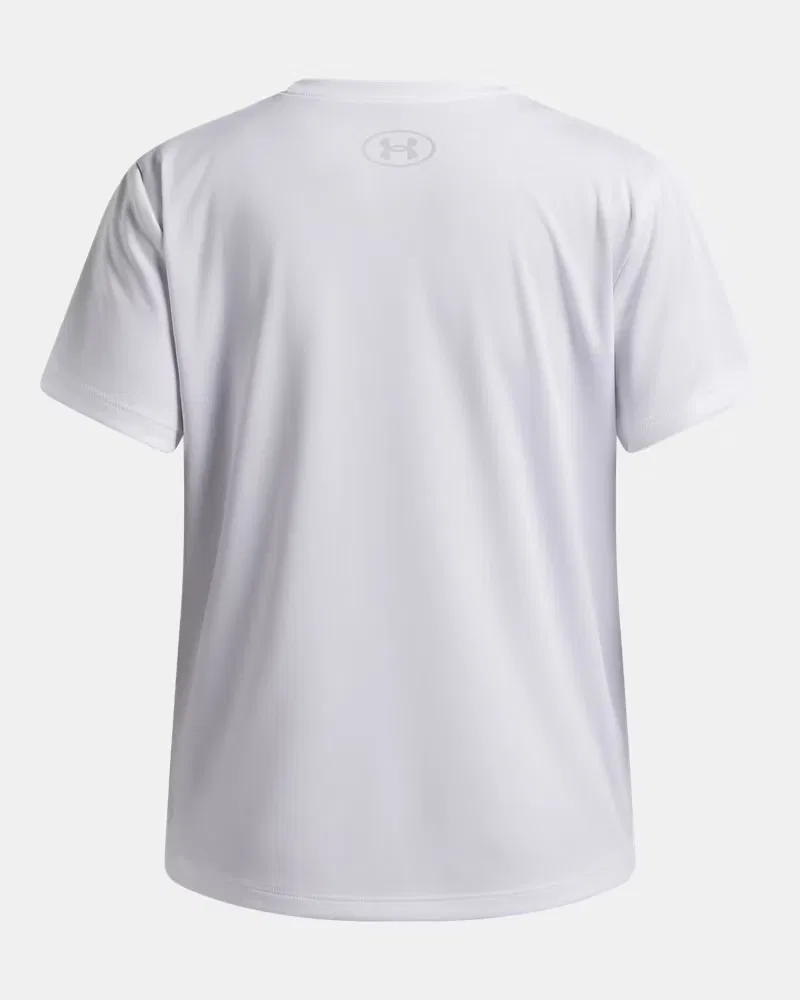 Футболка для девочек с коротким рукавом, быстросохнущая, UA Tech Split Wordmark UnderArmour, White/Bittersweet Pink — фото 2
