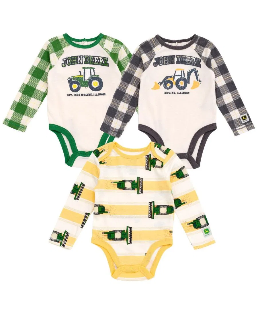 Комплект боди с длинным рукавом с принтом John Deere, Green Yellow Grey