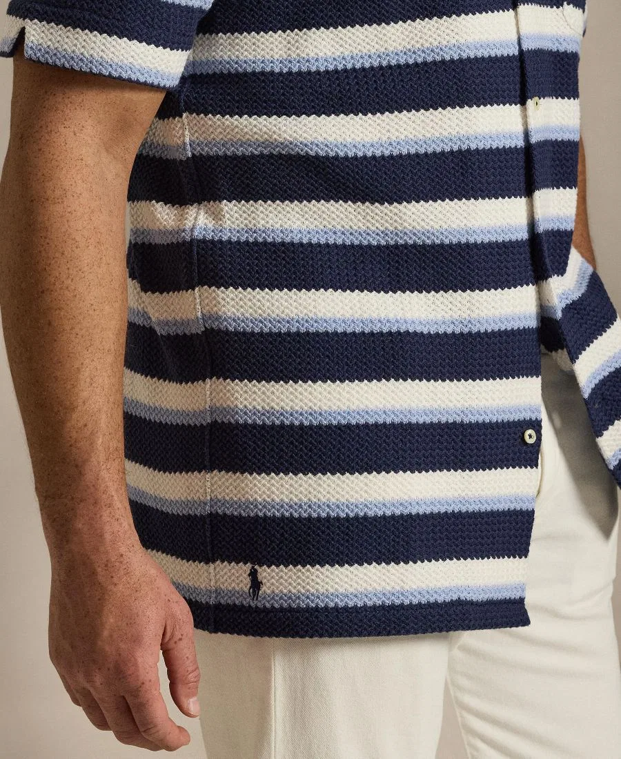 Мужская рубашка-поло с коротким рукавом и полоской, модель Camp Shirt Polo Ralph Lauren, Newport Navy Multi — фото 4