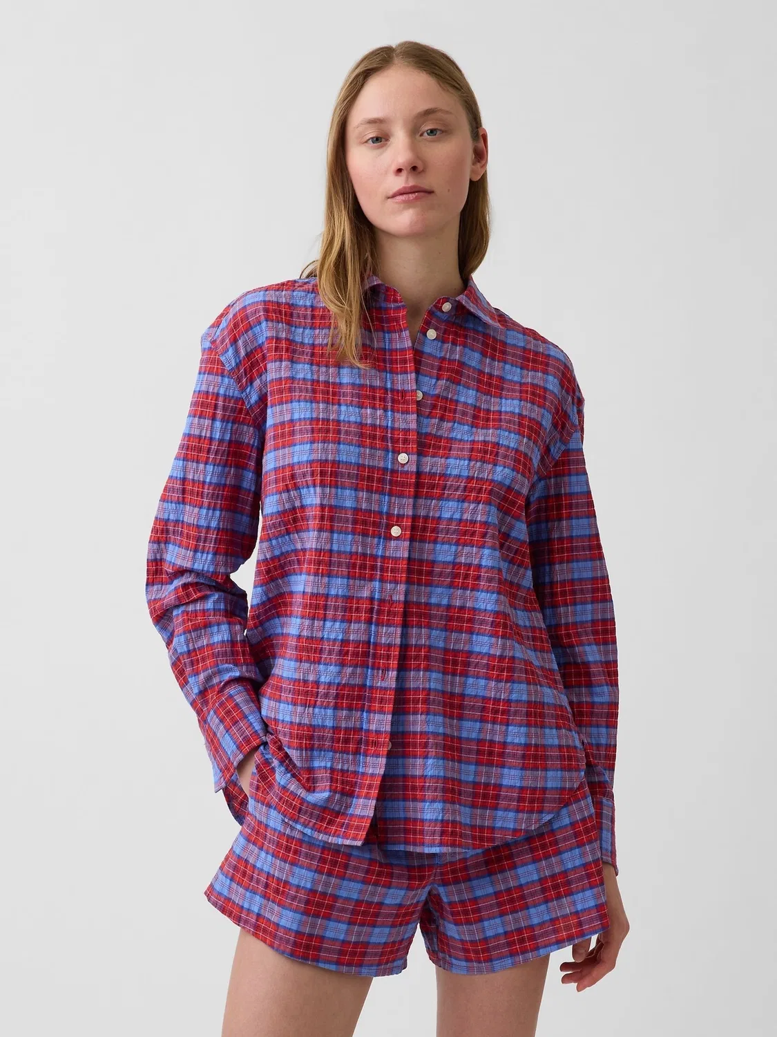 Рубашка оверсайз Gap Red Check Seersucker Check Oversized Shirt, Красный клетчатый