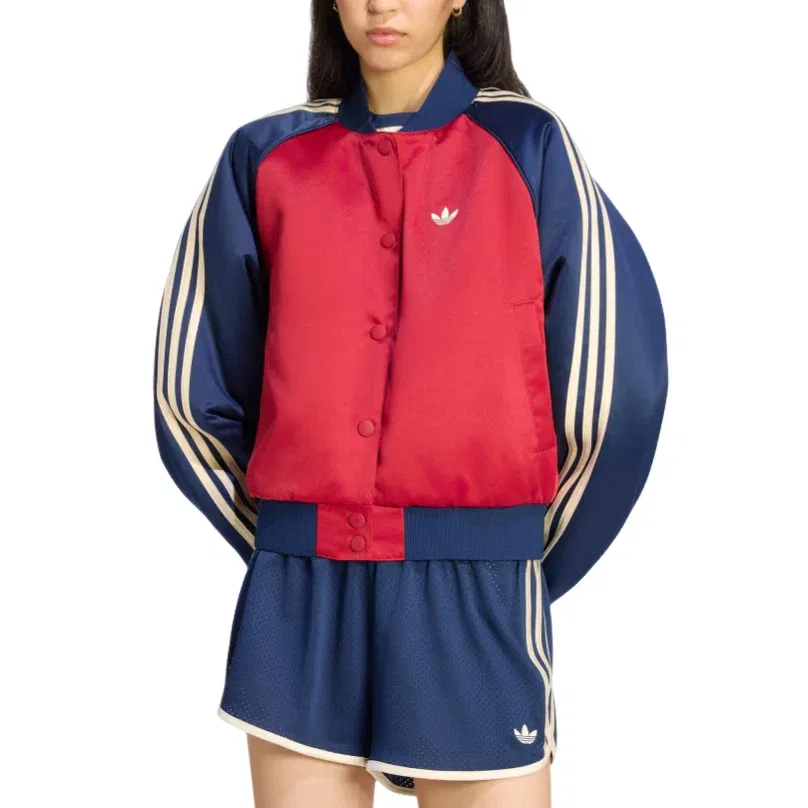Женская куртка-бомбер из атласа с длинным рукавом Adidas, красный — фото 2