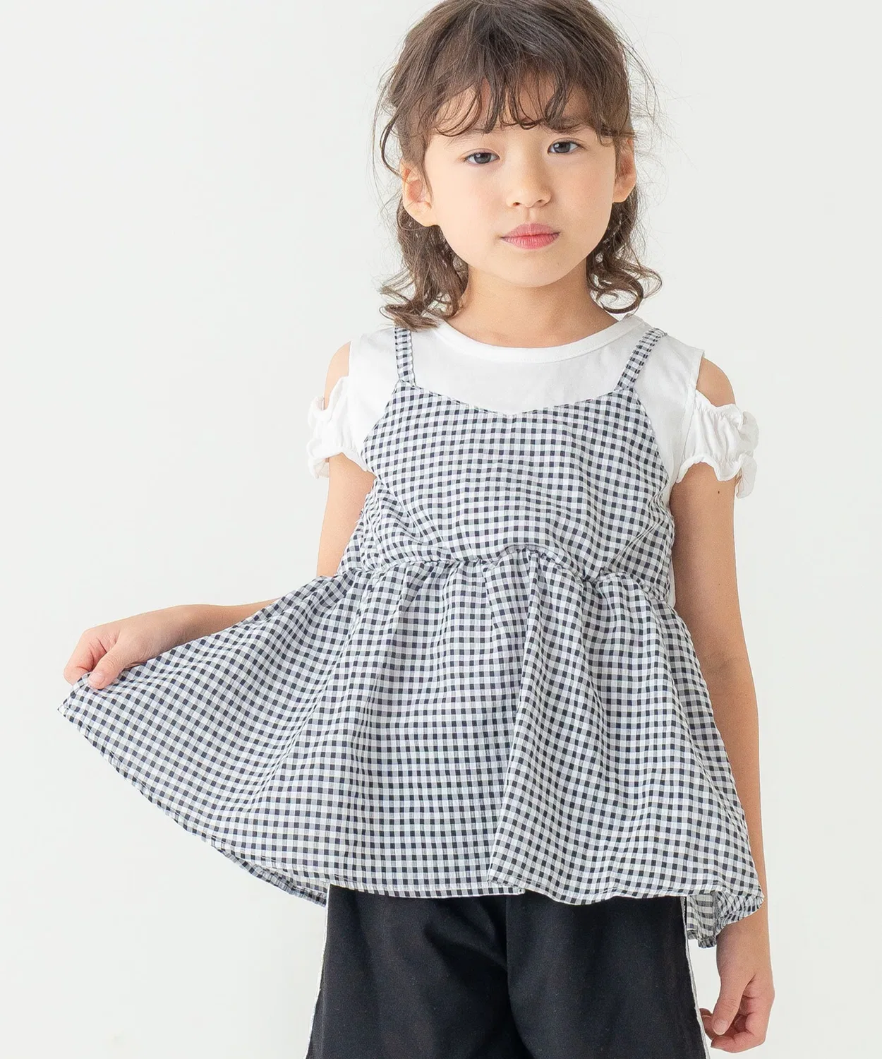 Детская туника с открытыми плечами в клетку, модель Gingham Check AIMABLE, Black/White