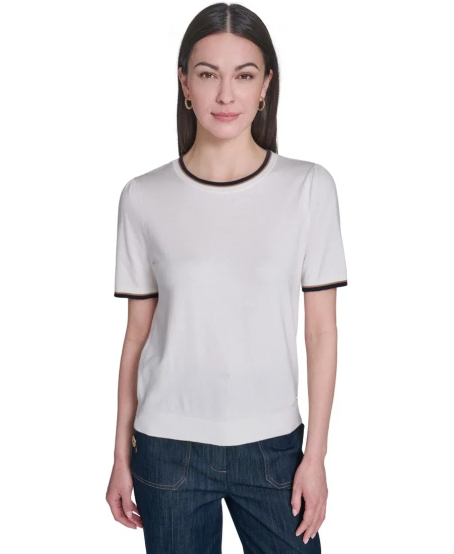 Свитер женский с коротким рукавом, хлопковый Tommy Hilfiger, Ivory Multi