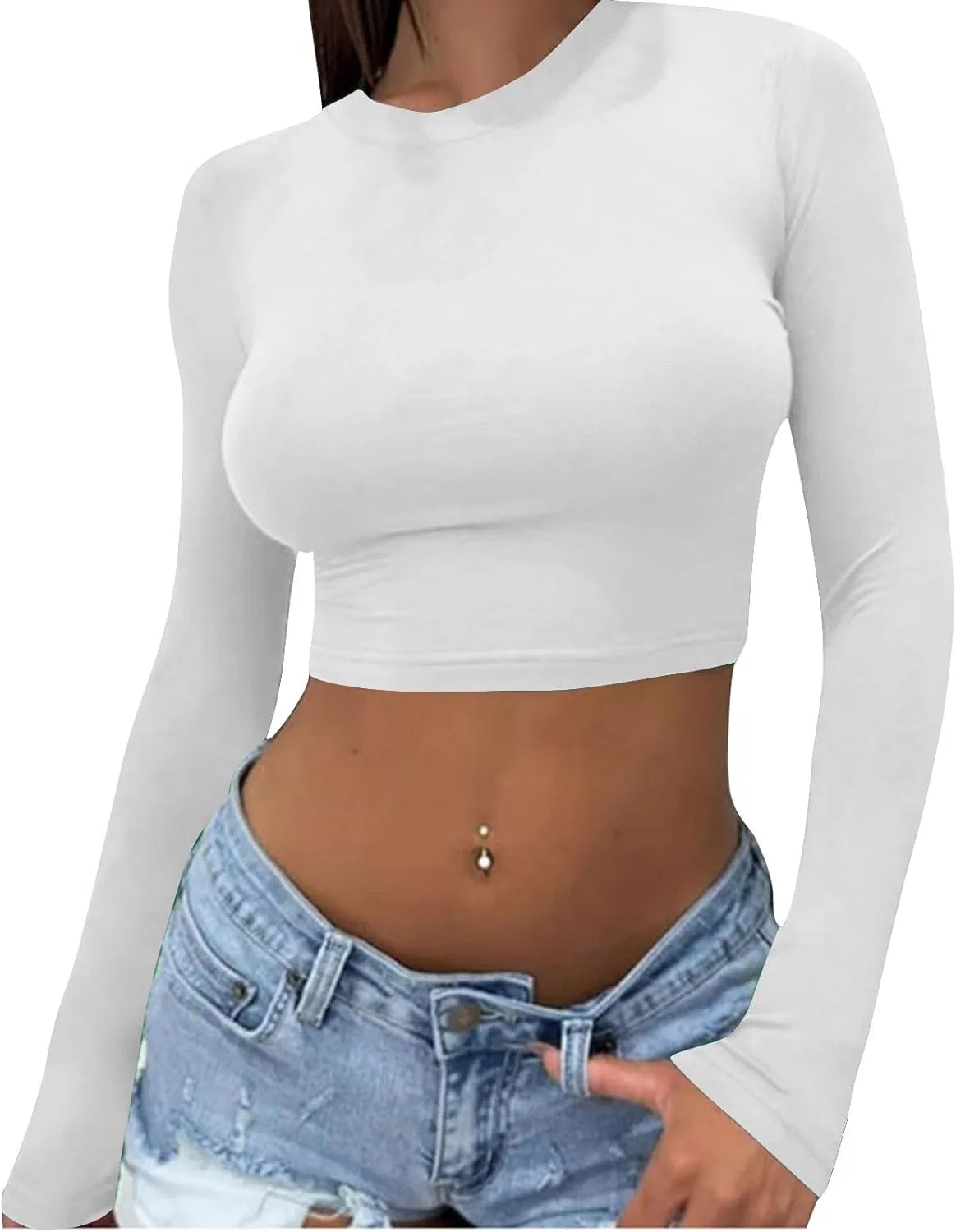Женская облегающая футболка с длинным рукавом и круглым вырезом Crop Top, White